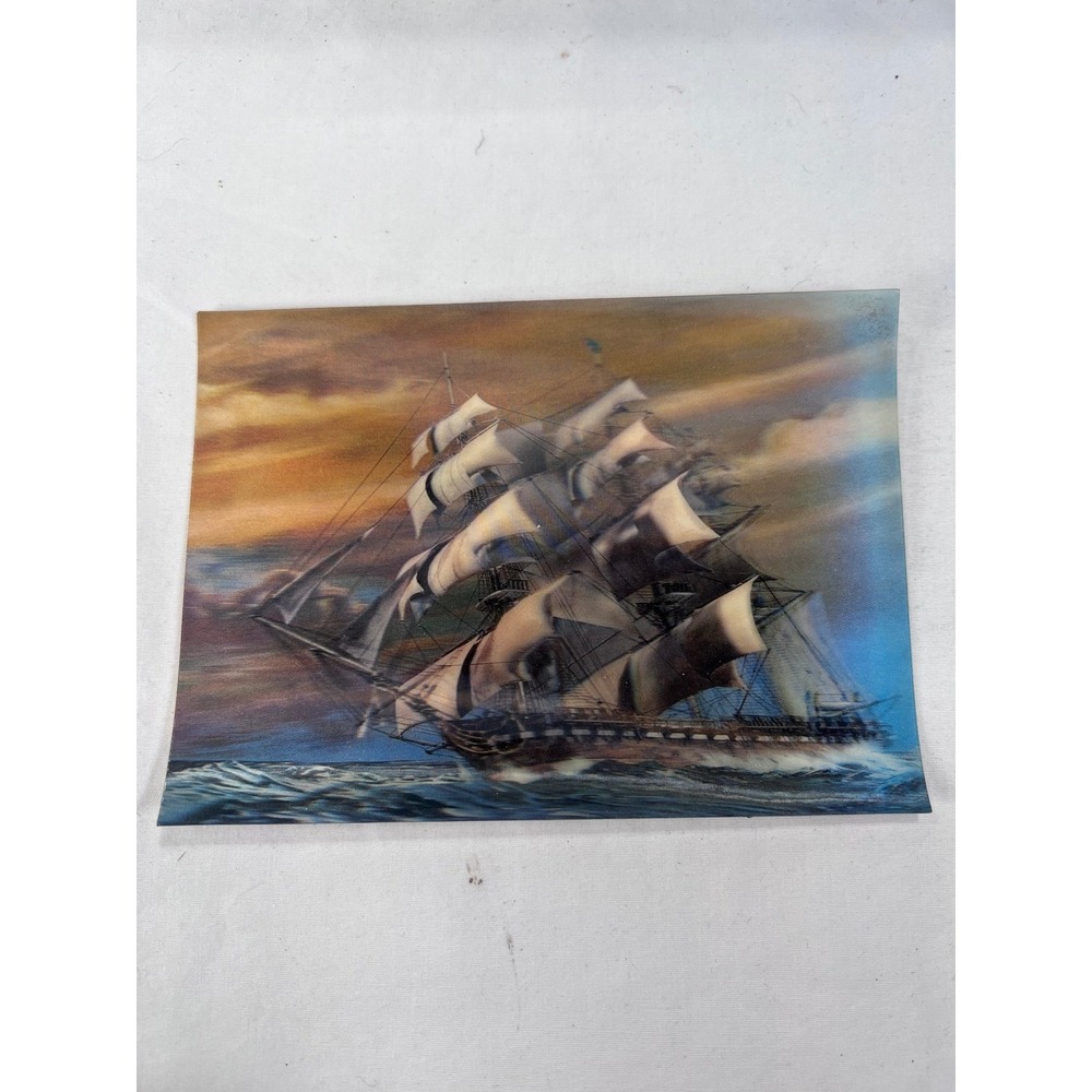 Vintage 3D Lenticular Motion Picture Clipper Ship Sailing Ocean Sunset 4x6